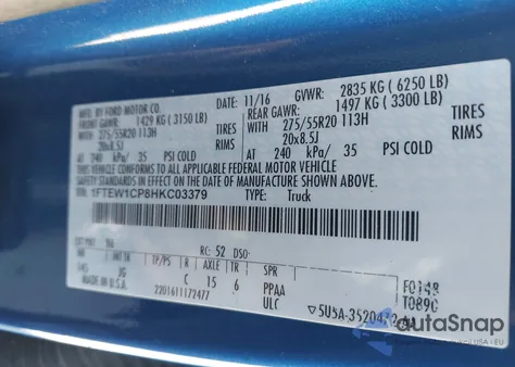 2017 Ford F-150 Lariat/Xl/Xlt from USA, damaged, VIN 1FTEW1CP8HKC03379